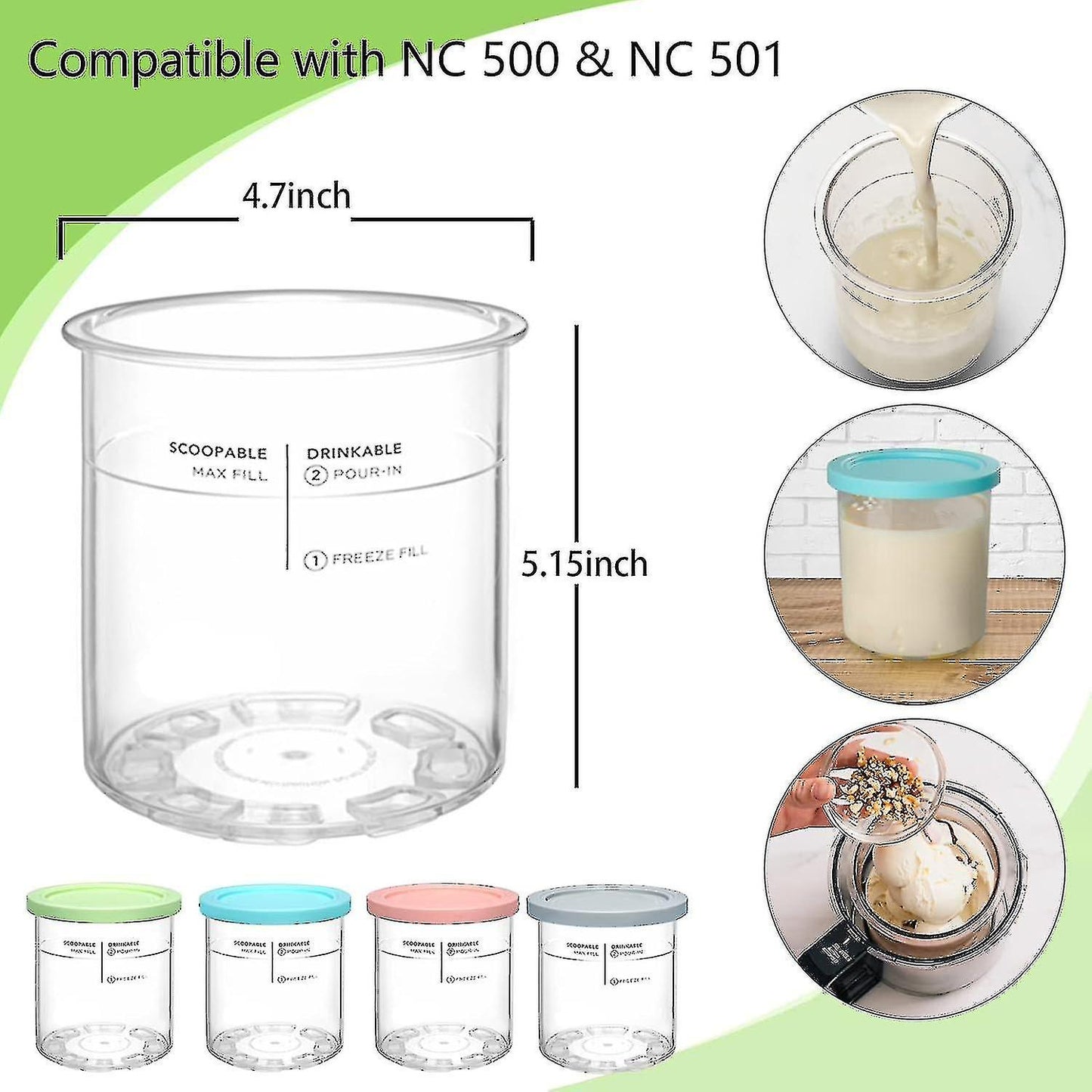 (Y)For Ninja Creami Deluxe Pint Glasses and Lids, 4 Replacement Pint Glasses and Lids for Ninja Nc501 Nc500 Series Ice Cream Makers