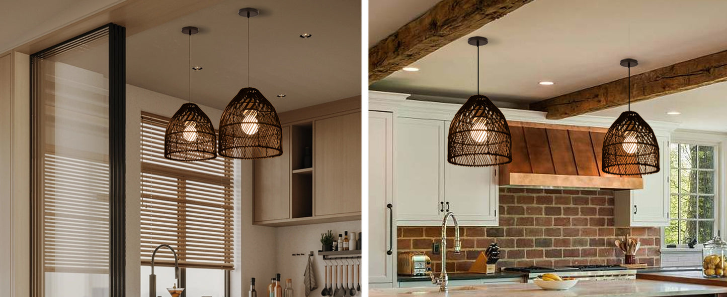 (Q)Handcrafted Rattan Decorative Pendant Light, Modern Industrial Style Black Rattan Pendant Light, Suitable for Restaurant Kitchen Islands
