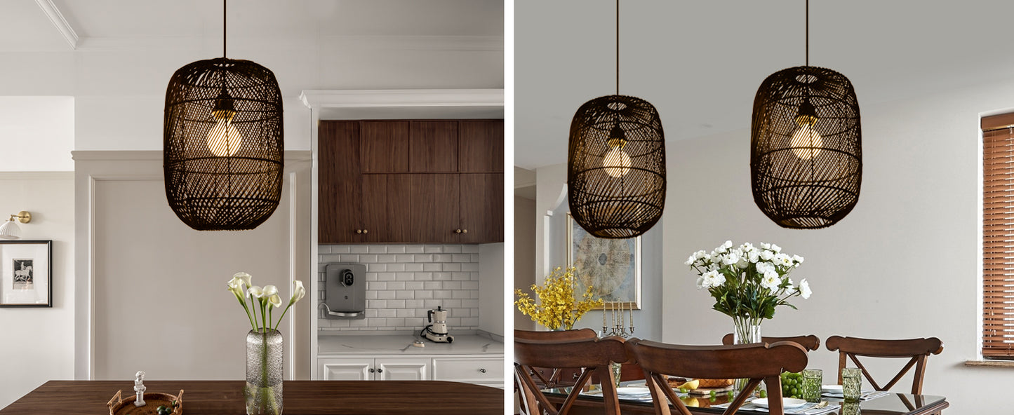 (Q)11.8 Inch Black Rattan Hand Woven Pendant Light, Bohemian Style Rattan Woven Pendant Light, Suitable for Bedrooms, Living Rooms, Kitchens