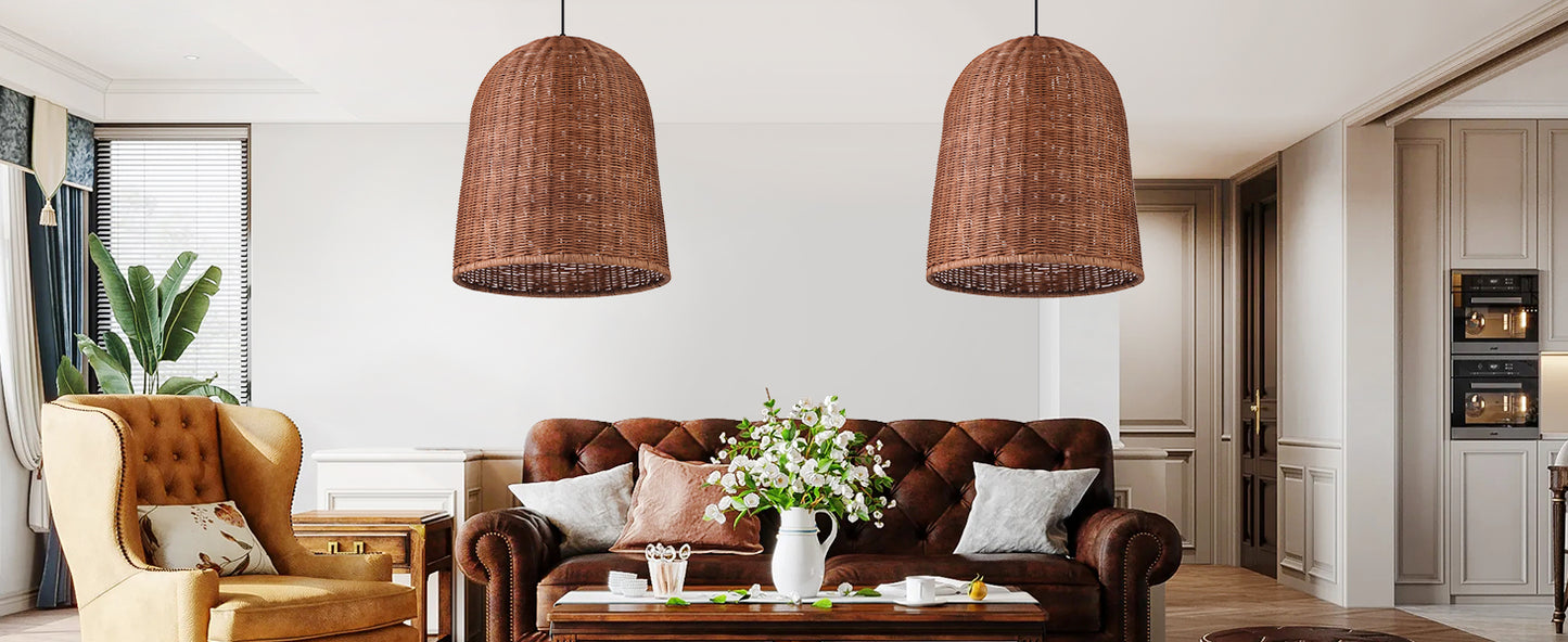 (Q)Hand Woven Brown Rattan Pendant Light, Vintage Style Rattan Basket Rattan Woven Pendant Light, Suitable For Dining And Living Rooms