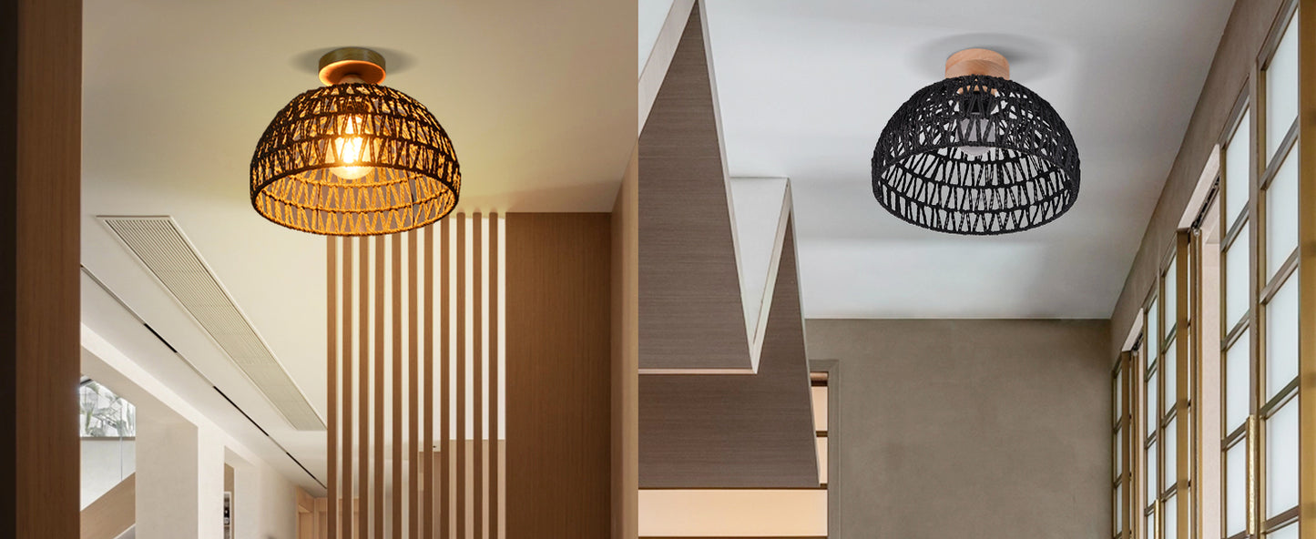 (Q)Black Hemp Rope Rattan Ceiling Light,Bohemian Style Rattan Ceiling Light,Suitable for Kitchen Islands,Corridors,Living Rooms,Bedrooms