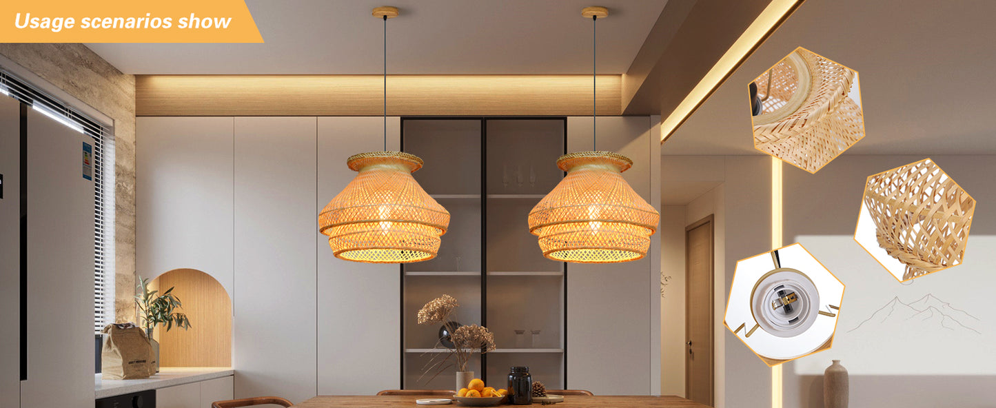 (Q)Handmade Rattan Pendant Light, Countryside Style Double-Layer Lampshade Pendant Light, Suitable for Bedrooms, Living Rooms, Kitchens