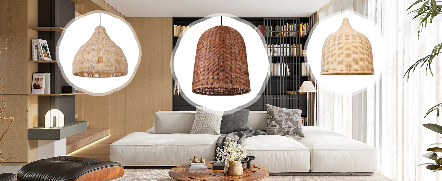 (Q)Hand Woven Brown Rattan Pendant Light, Vintage Style Rattan Basket Rattan Woven Pendant Light, Suitable For Dining And Living Rooms