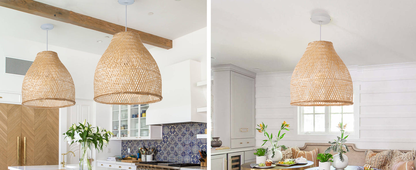 (Q)Handmade Woven Bamboo Pendant Light,Bohemian Style Cage Lampshade Pendant Light, Suitable for Restaurants,Bedrooms, Farmhouses