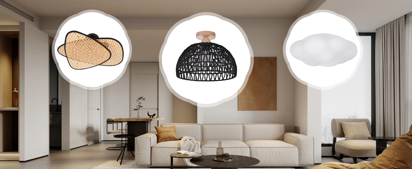 (Q)Black Hemp Rope Rattan Ceiling Light,Bohemian Style Rattan Ceiling Light,Suitable for Kitchen Islands,Corridors,Living Rooms,Bedrooms