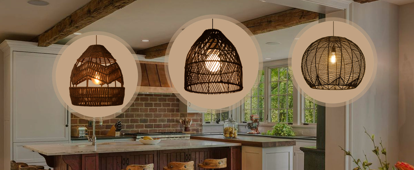(Q)Handcrafted Rattan Decorative Pendant Light, Modern Industrial Style Black Rattan Pendant Light, Suitable for Restaurant Kitchen Islands