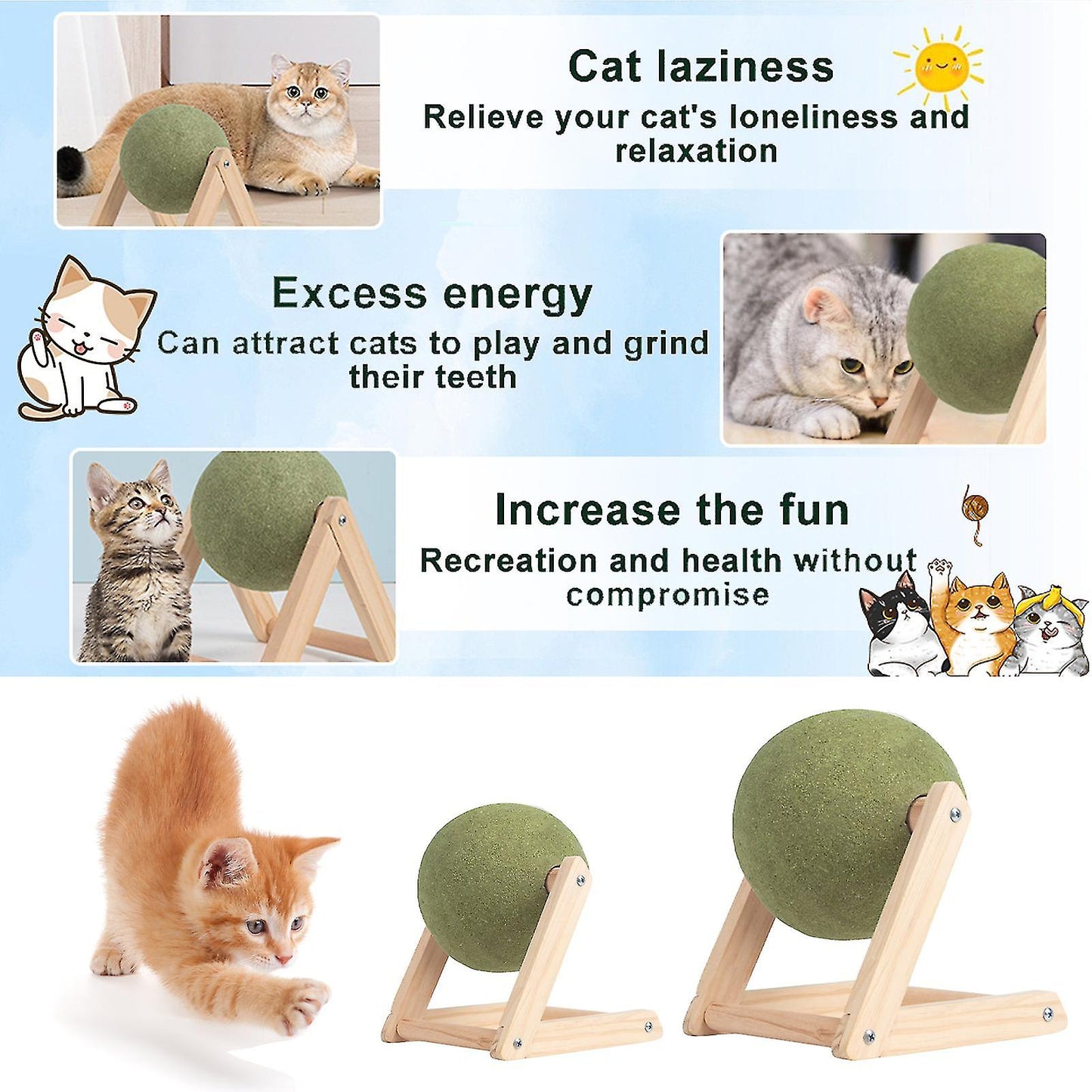 (Y)Catnip floor ball toy with wooden frame catnip ball, rotatable rolling ball toy scratching hemp ball catnip toys, fun and safe for cats kittens to play with