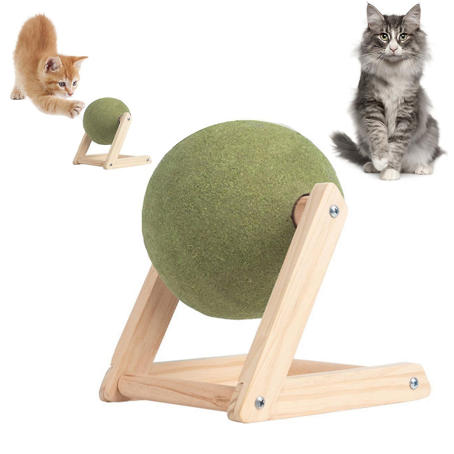 (Y)Catnip floor ball toy with wooden frame catnip ball, rotatable rolling ball toy scratching hemp ball catnip toys, fun and safe for cats kittens to play with