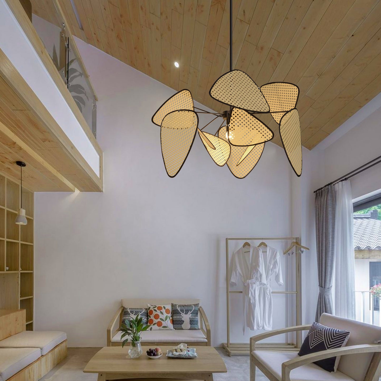 (M)Hollow Fan Blades Combination Rattan Pendant Light Shade For Bedroom Kitchen Island
