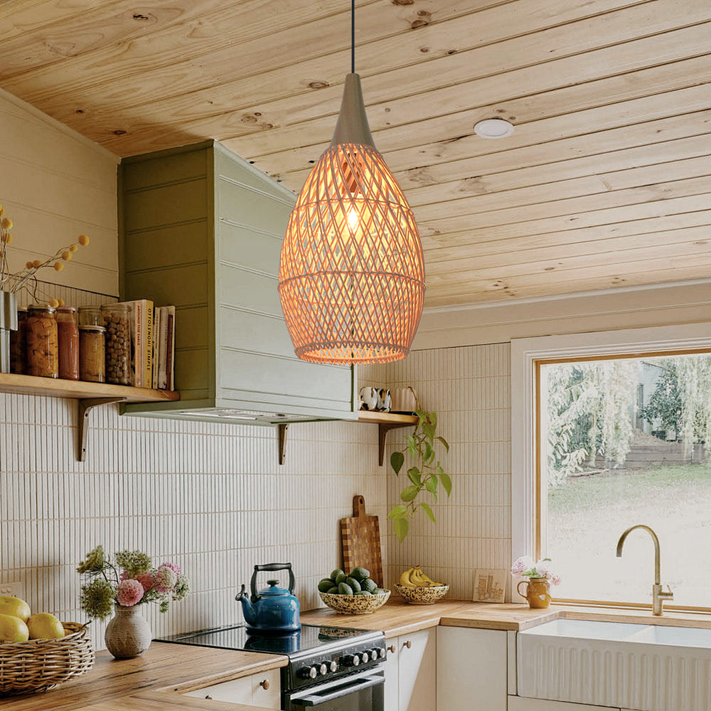 (Q) Handmade Rattan Pendant Light, Modern Minimalist Style Teardrop Shaped Lampshade Rattan Pendant Light, Suitable for Bedrooms