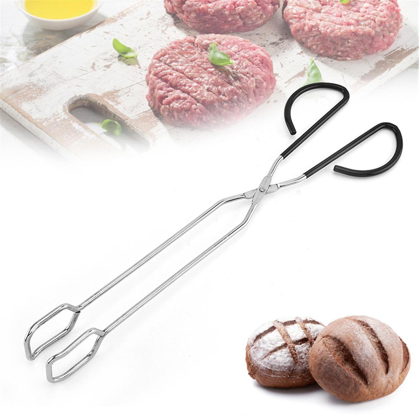 (Y)Extra Long Scissor Tongs Stainless Steel Barbecue Tongs 40cm Black BBQ