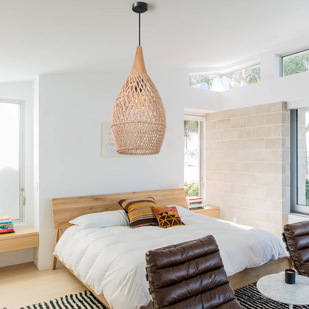 (Q) Handmade Rattan Pendant Light, Modern Minimalist Style Teardrop Shaped Lampshade Rattan Pendant Light, Suitable for Bedrooms