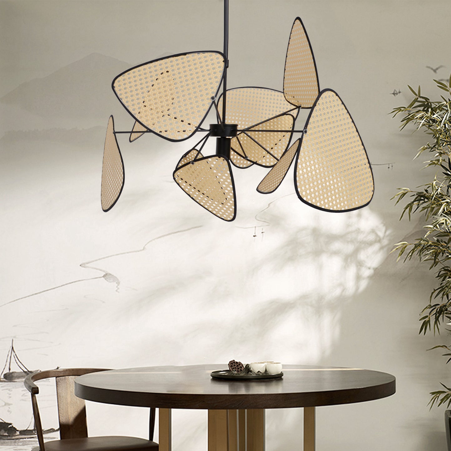 (M)Hollow Fan Blades Combination Rattan Pendant Light Shade For Bedroom Kitchen Island