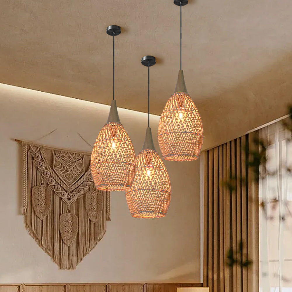 (Q) Handmade Rattan Pendant Light, Modern Minimalist Style Teardrop Shaped Lampshade Rattan Pendant Light, Suitable for Bedrooms