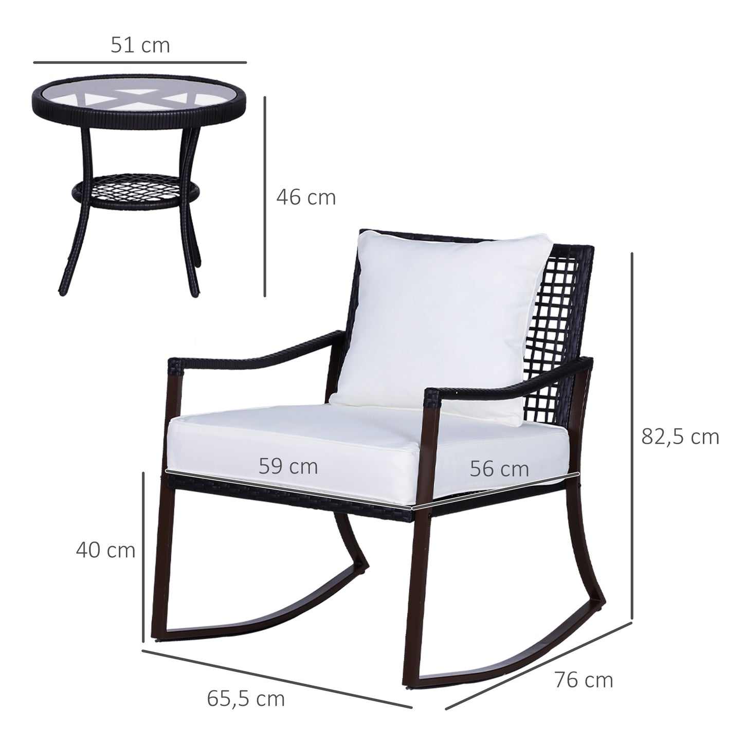 Garden set, for 2 people, rocking chair set with cushions, rattan, brown + white