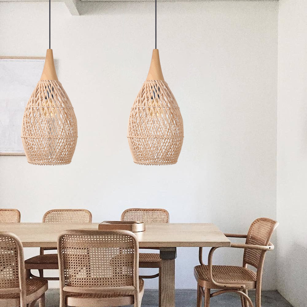 (Q) Handmade Rattan Pendant Light, Modern Minimalist Style Teardrop Shaped Lampshade Rattan Pendant Light, Suitable for Bedrooms