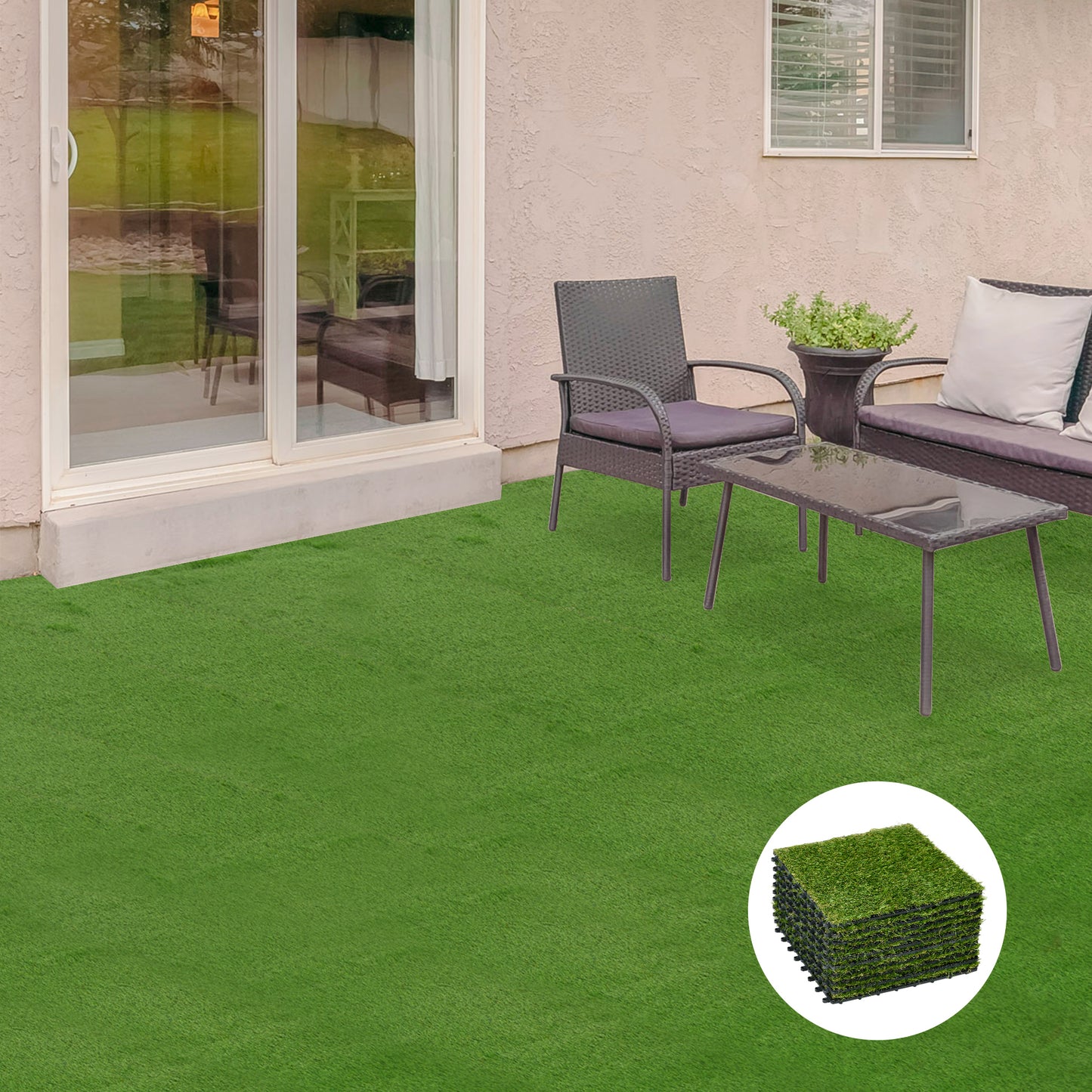 Artificial grass 10 pieces lawn carpet 30 x 30 cm 25 mm dark green for balcony garden, durable & easy to care, artificial lawn made of plastic