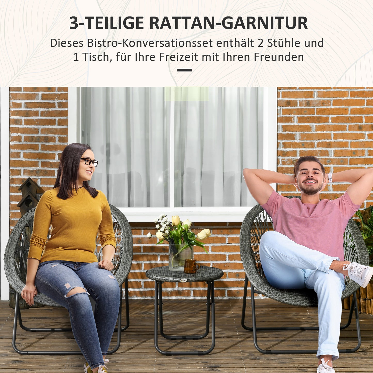 Folding garden furniture balcony set with coffee table and 2 chairs, including cushions, steel grey, for terrace and garden
