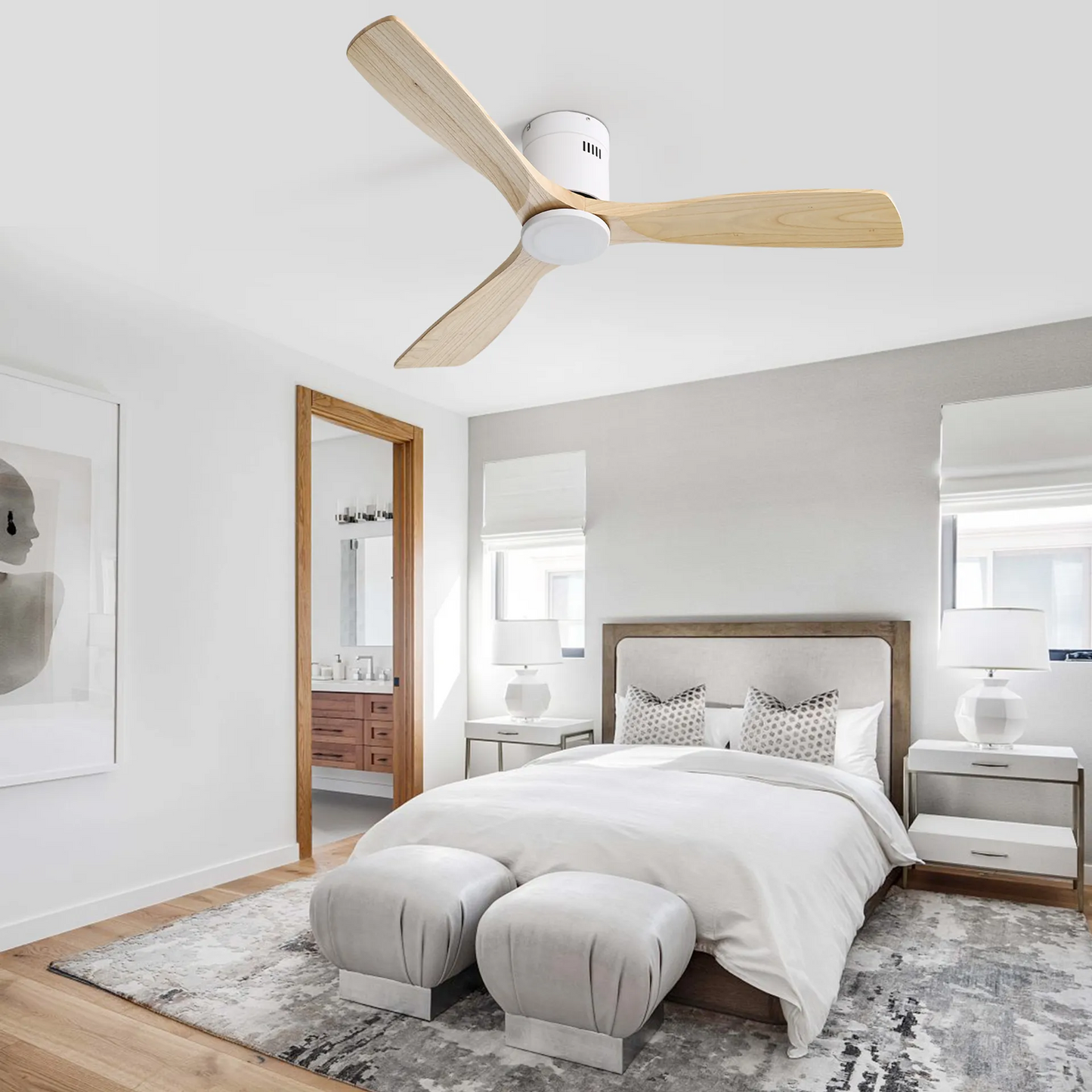 52" Natural Wood Ceiling Fan with 3 Wood Solid Blades, Reversible DC Motor, Remote Control for Living Room
