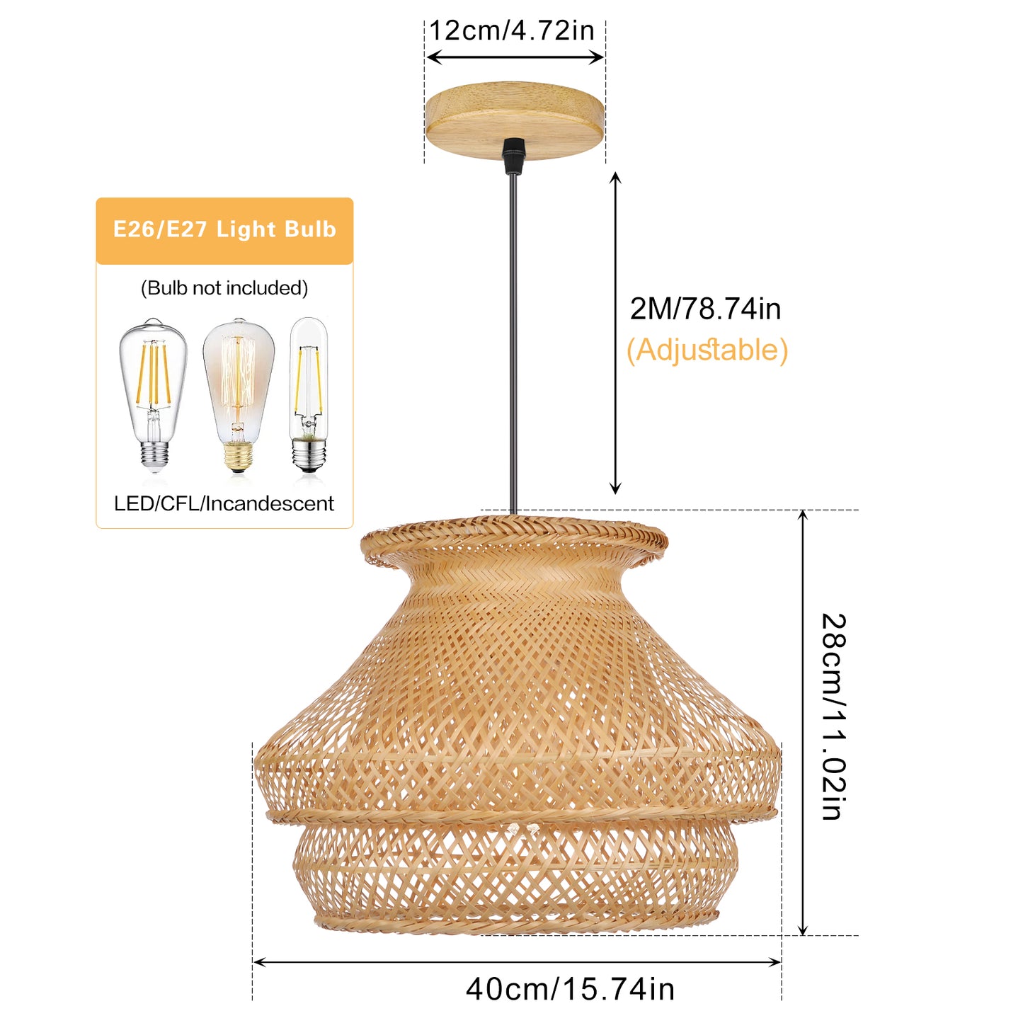 (Q)Handmade Rattan Pendant Light, Countryside Style Double-Layer Lampshade Pendant Light, Suitable for Bedrooms, Living Rooms, Kitchens