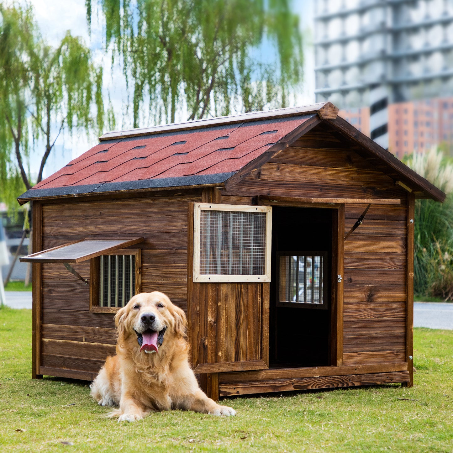 Outdoor Dog House Weatherproof with Window, Pine Wood Dog House with Elevated Floor for Large Dogs, Extra Large Dog House with Waterproof Roof