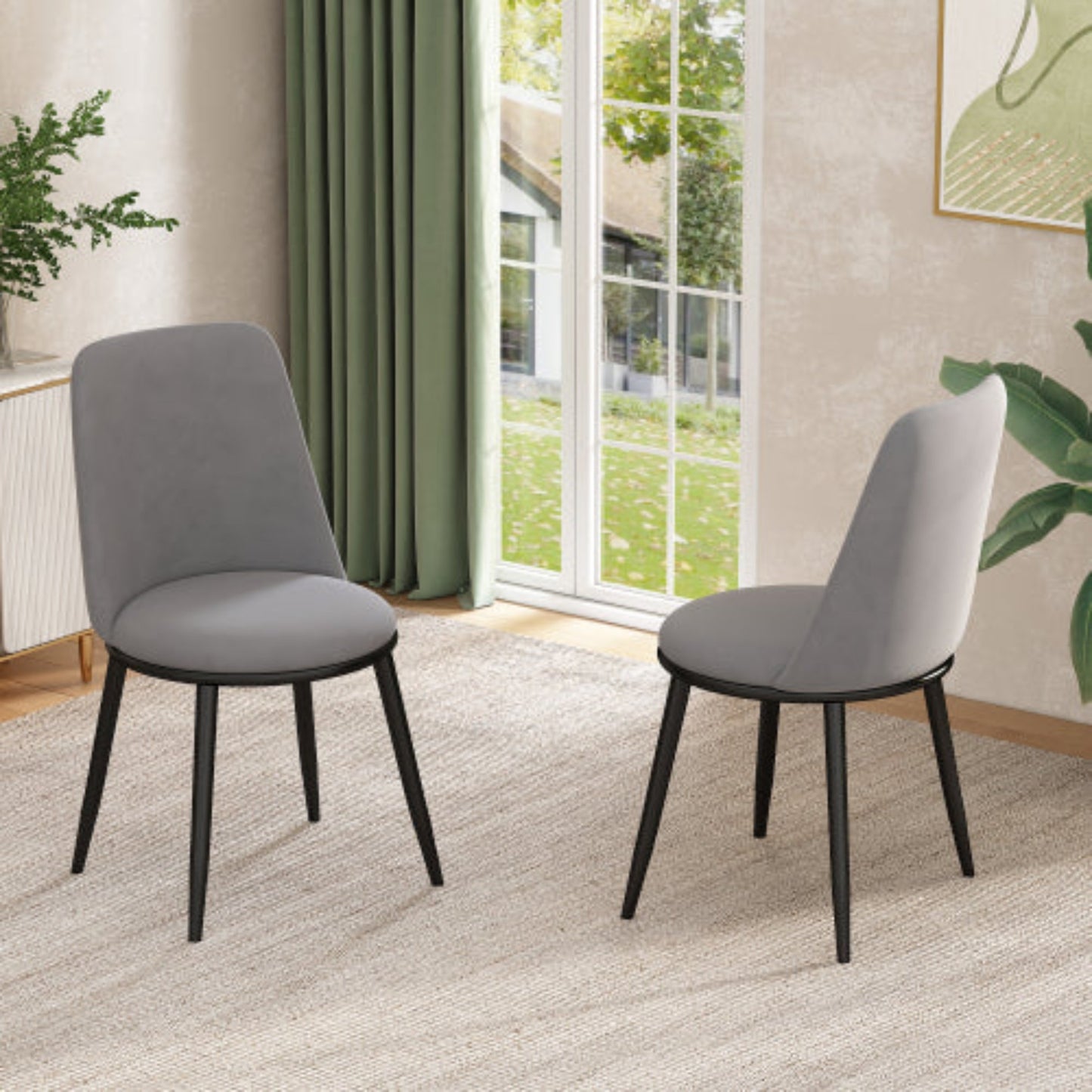 Gray Velvet Dining Chairs,Round Back, Metal Frame, Black Legs, 150kg Capacity-Set of 2