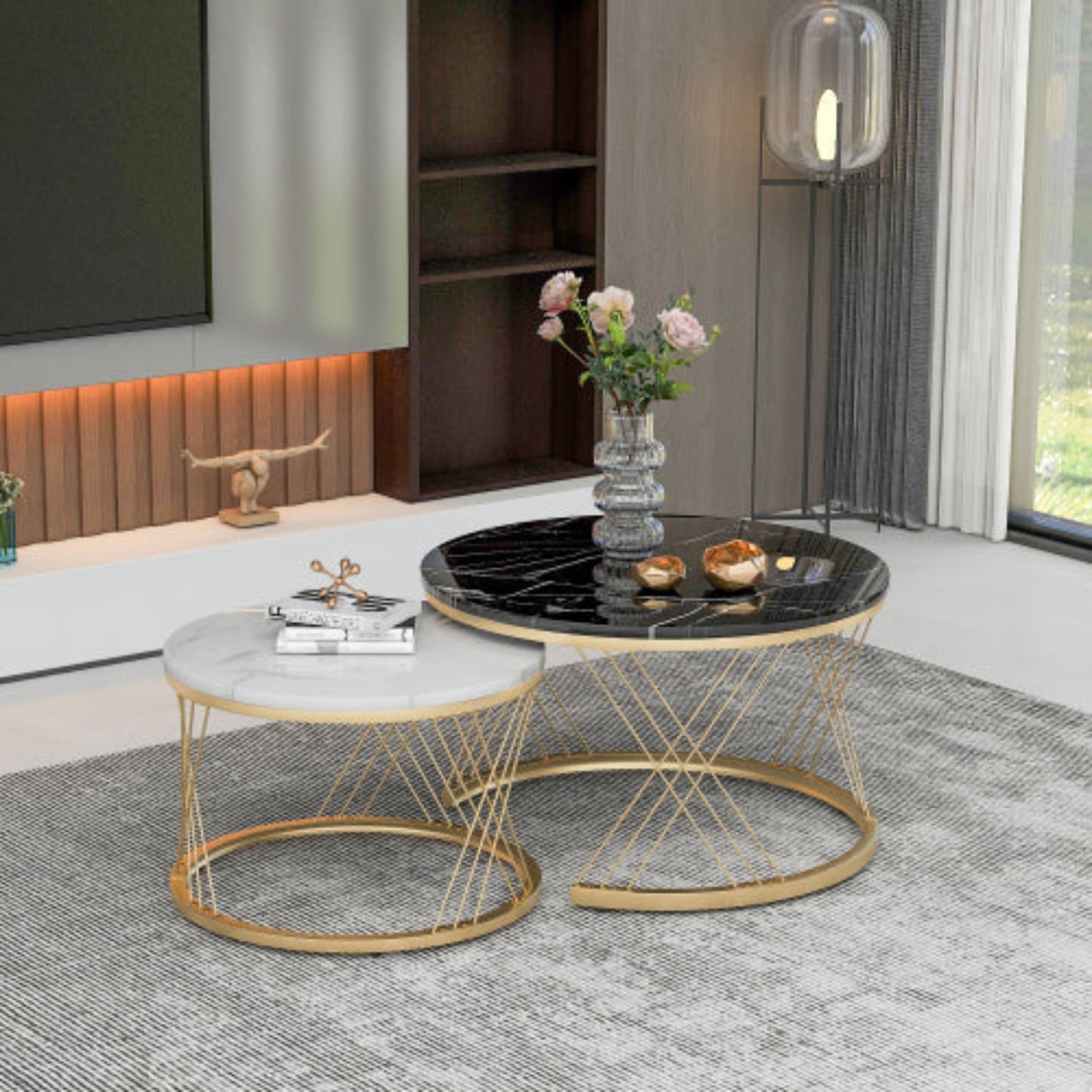 Golden Modern Nesting Coffee Tables,Marble Veneer, Round Set of 2