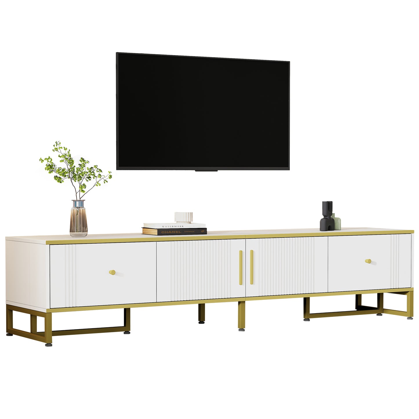 Elegant White TV Cabinet with Gold Border - Ideal for 80-Inch TVs