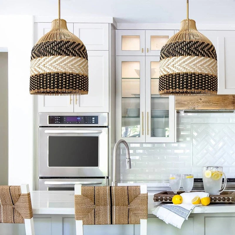 (M)ARTURESTHOME Pendant Light Fixture Black Rattan Drum Shade 1 Light Hanging Chandelier For Living Room
