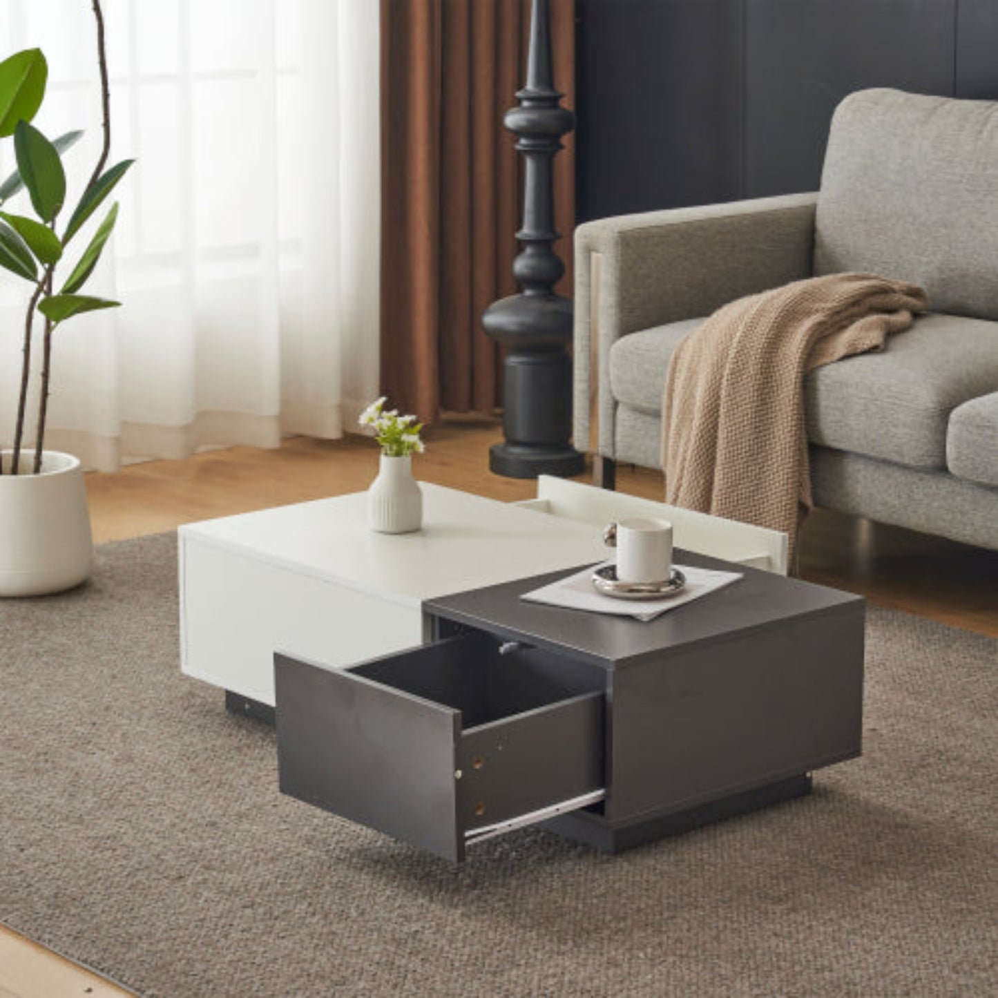 Modern Rectangular Coffee Table-Grey-White with 2 Drawers, 45 kg Load, Perfect for Living Room