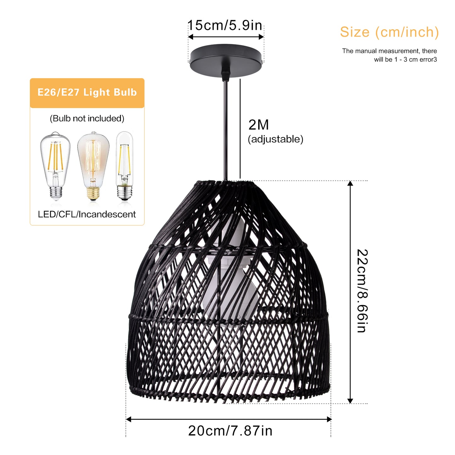 (Q)Handcrafted Rattan Decorative Pendant Light, Modern Industrial Style Black Rattan Pendant Light, Suitable for Restaurant Kitchen Islands