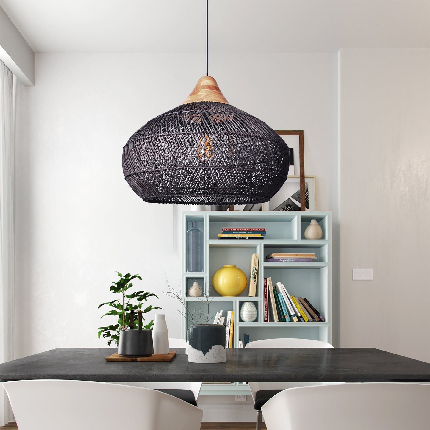 (X) Black Handcrafted Rattan Gourd Shaped Chandelier, Natural Modern Minimalist Lamps for Bedroom and Living Room
