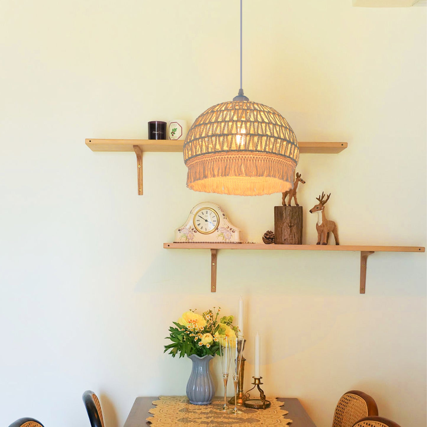 (M)ARTURESTHOME Pendant Light Fixture Black Rattan Drum Shade 1 Light Hanging Chandelier For Living Room
