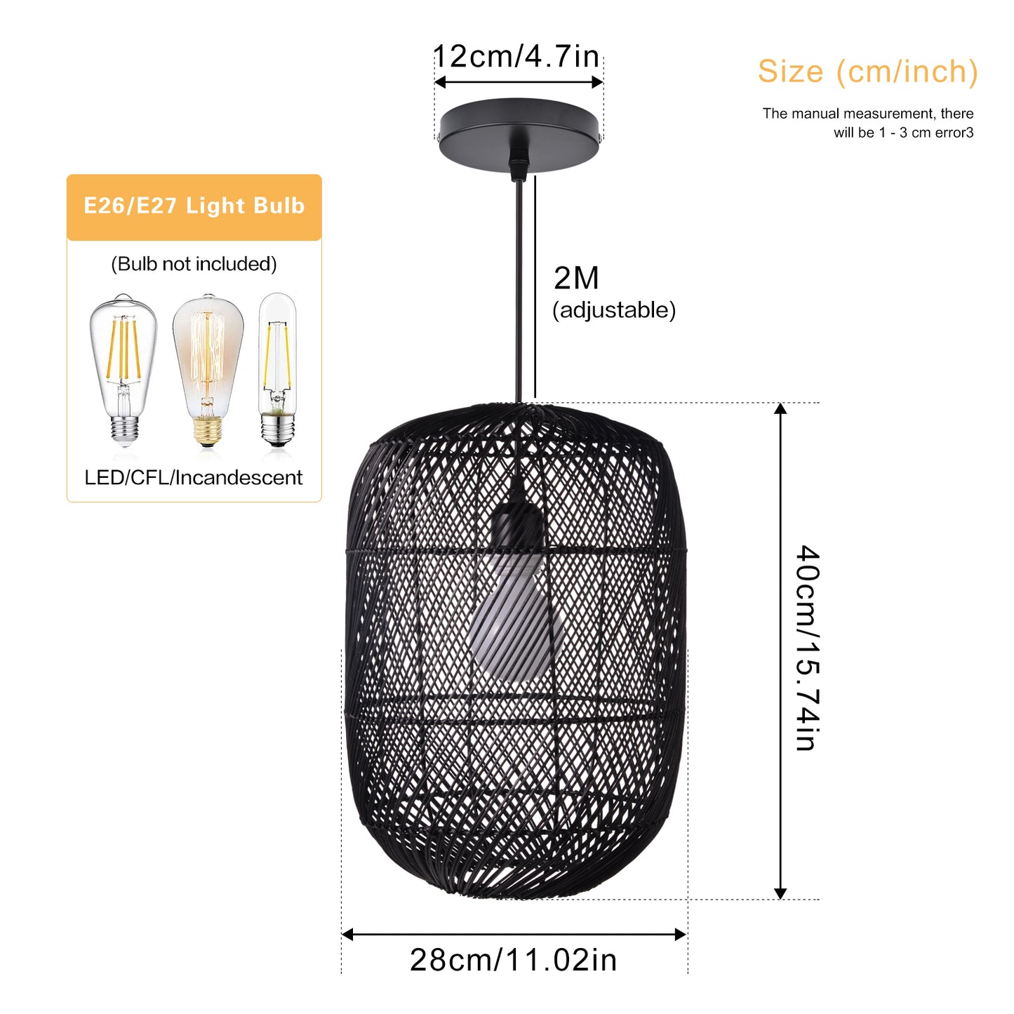 (Q)11.8 Inch Black Rattan Hand Woven Pendant Light, Bohemian Style Rattan Woven Pendant Light, Suitable for Bedrooms, Living Rooms, Kitchens