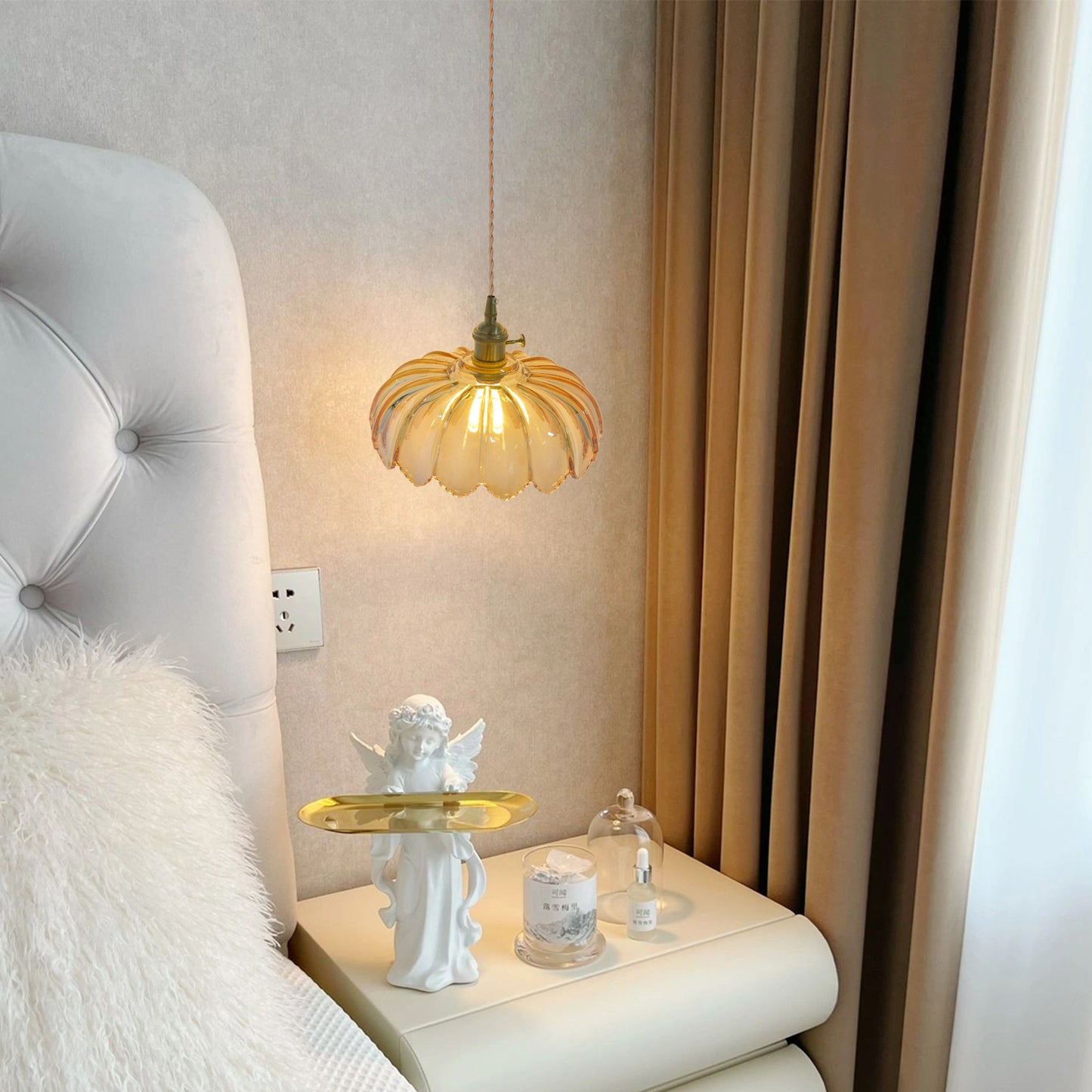 (M)Glass Tawny Pendant Light Fixture Rope Cord 1 Light Hanging Chandelier For Living Room