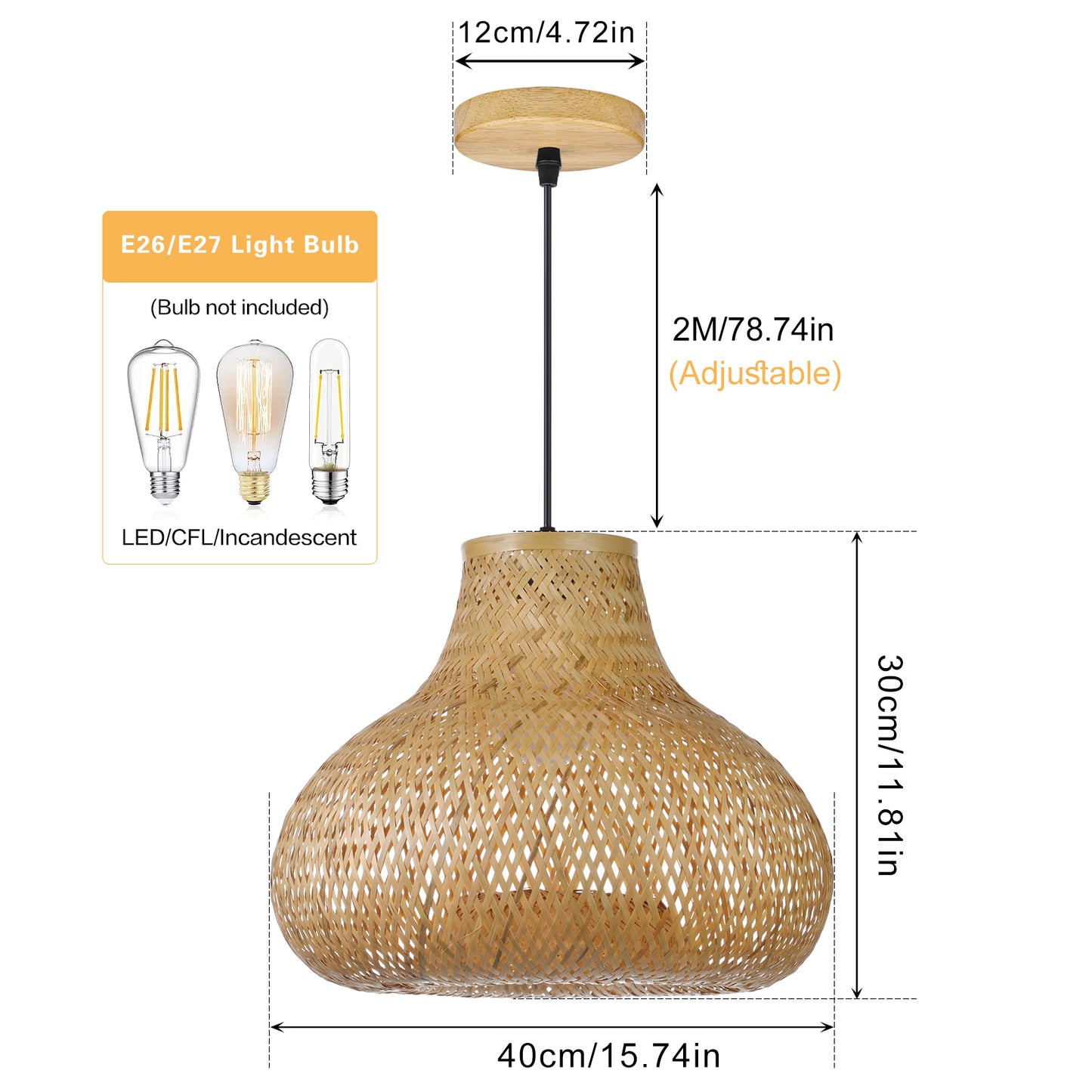 (Q)15.75 Inch Hand Woven Rattan Pendant Light, Bohemian Style Rattan Pendant Light, Suitable for Dining Rooms, Kitchens, Islands, Living Rooms