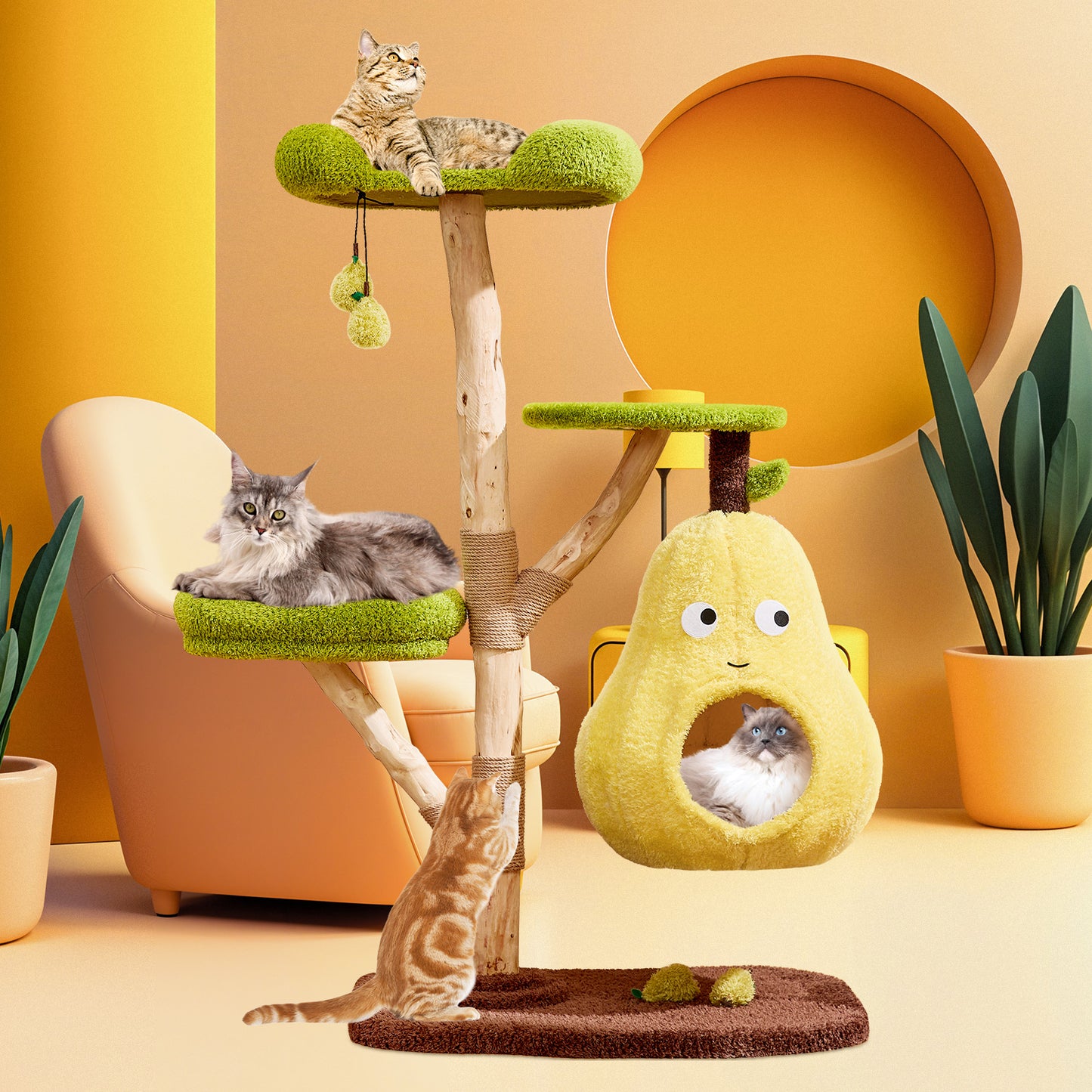 Luxury cat tree for indoors, all-in-one tall solid wood cat tree with scratching posts and multi-layered pear-shaped beds, perfect for multi-cat households