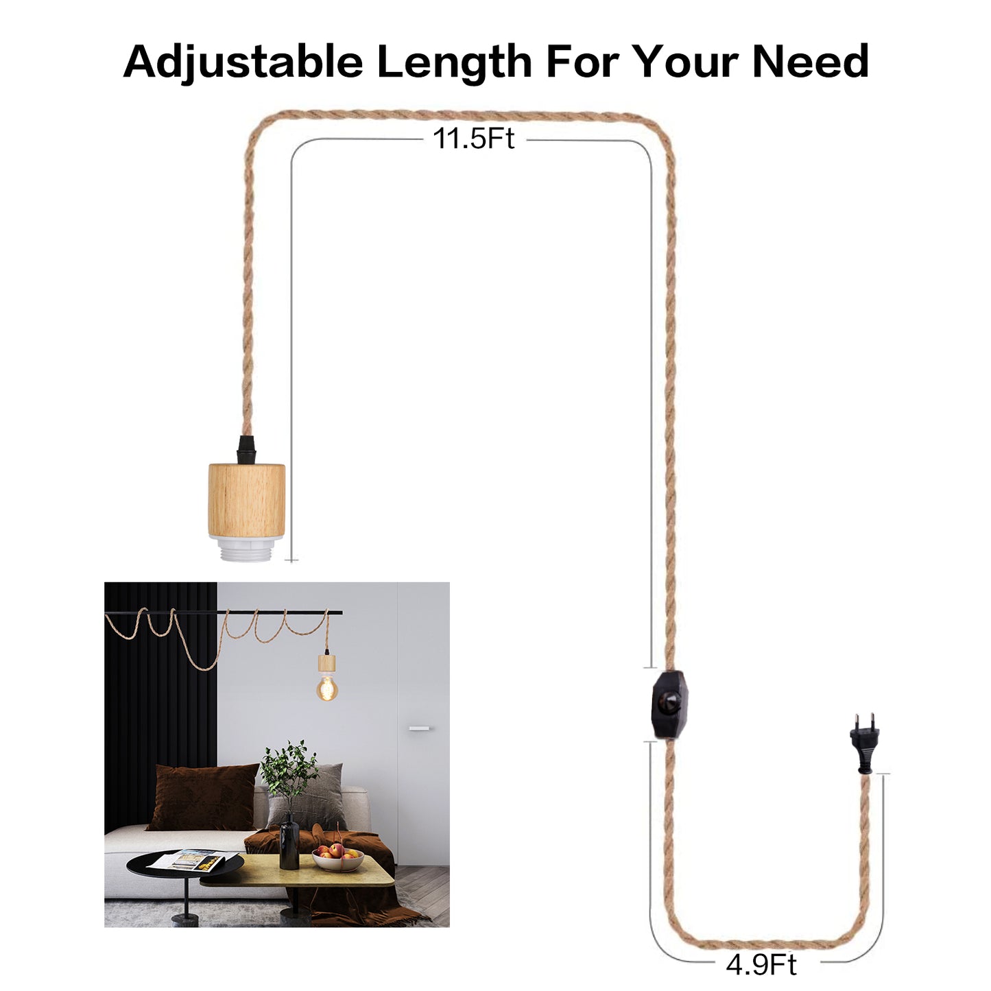 (M)Pendant Light Cord - Hanging Light Kit with Dimmable Switch Vintage Lamp Cord with Twisted Nylon Lights Socket E26 E27 for Farmhouse Lamp Cable DIY (9.8FT/16.4FT/32.8FT, Cylinder Shape)