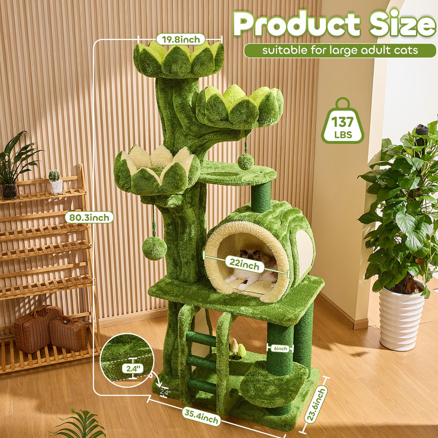 80.3" Deluxe Lotus Cat Tree for Indoor Adult Cats with 2 Hidden Cat Feeding Holes, Ladder, Double-Sided Pad House, 2 Sisal Scratching Posts