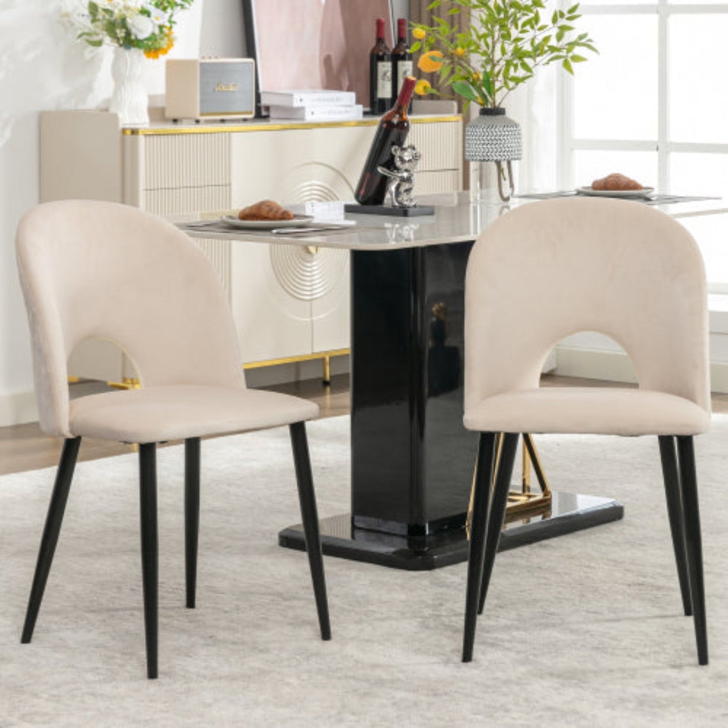 Beige Velvet Dining Chairs,Upholstered, Metal Frame, Adjustable Feet, Diamond Back-Set of 2