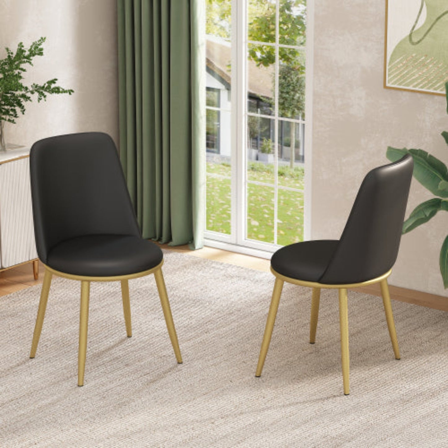Black PU Leather Dining Chairs,Round Back, Metal Frame, Golden Legs,Set of 2