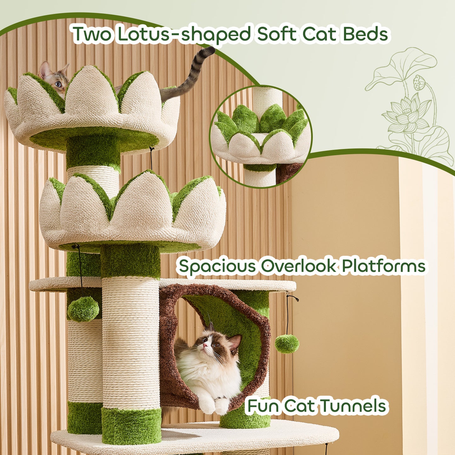 73" Deluxe Lotus Cat Tree for Indoor Adult Cats up to 20 lbs, XXL Heavy Duty Base Cat Furniture with Large Apartment, Bed, Tunnel, Scratching Post, Large Platform