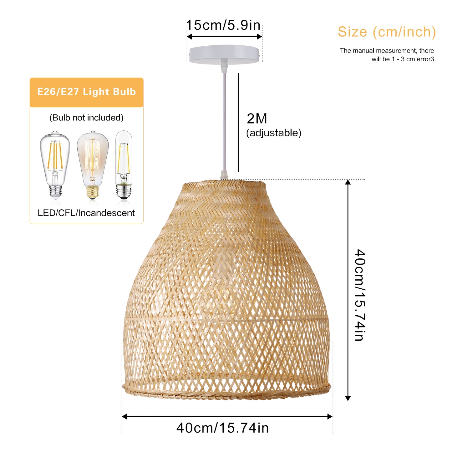(Q)Handmade Woven Bamboo Pendant Light,Bohemian Style Cage Lampshade Pendant Light, Suitable for Restaurants,Bedrooms, Farmhouses