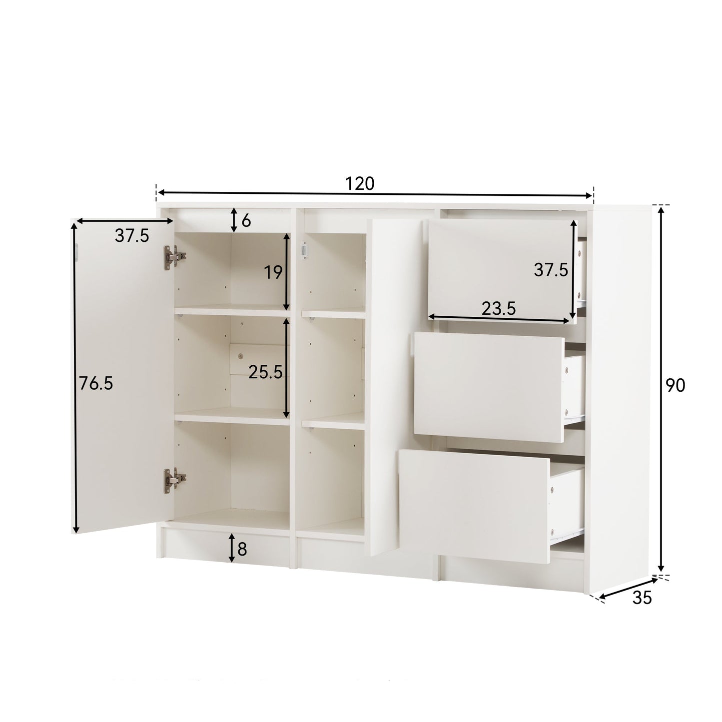 Modern Sideboard with Large Storage Space, Two Doors, Three Drawers, and Adjustable Shelf (120x90x35 cm)