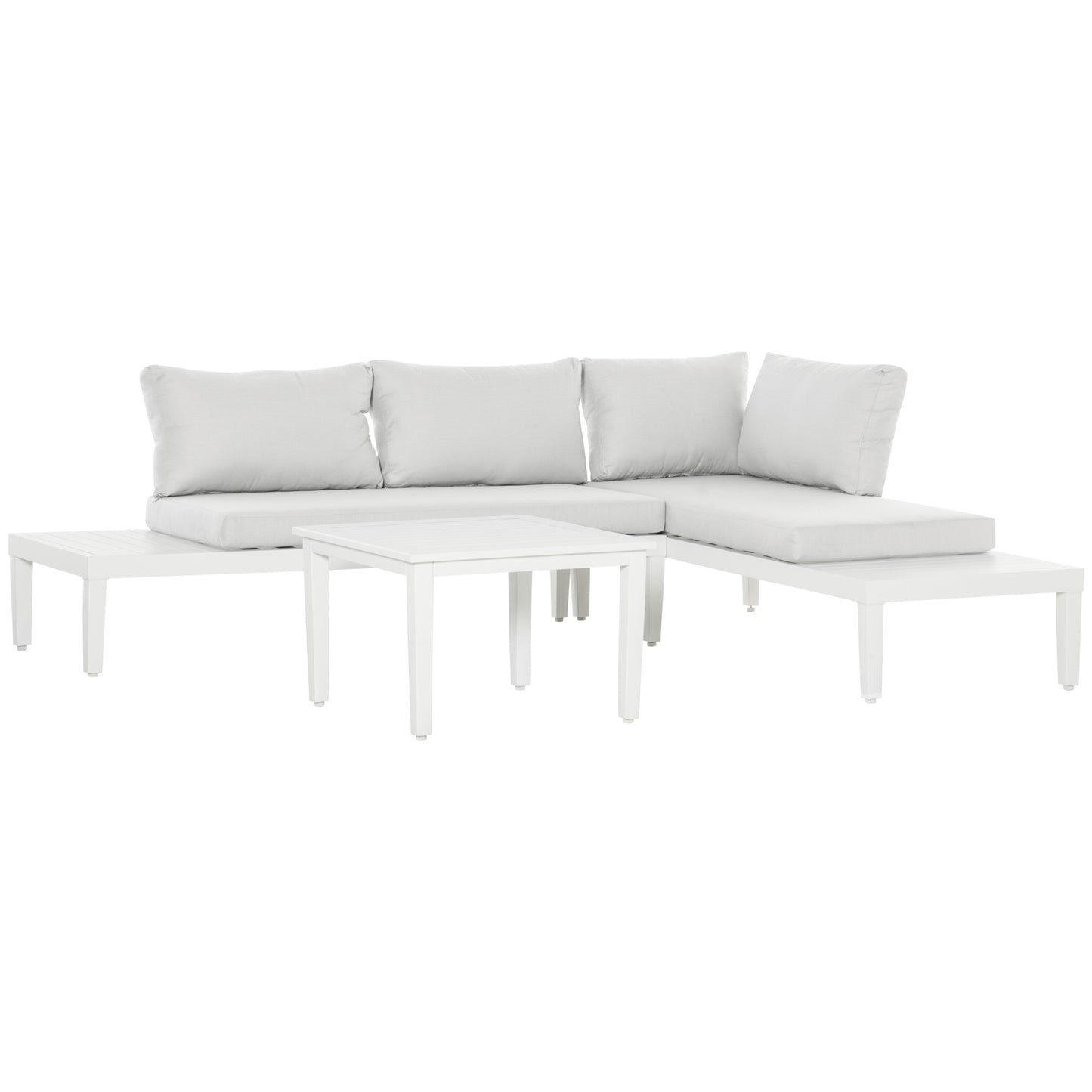 Three-piece L-shaped garden furniture set with side table and cushions, cream white aluminium, for balconies and terraces