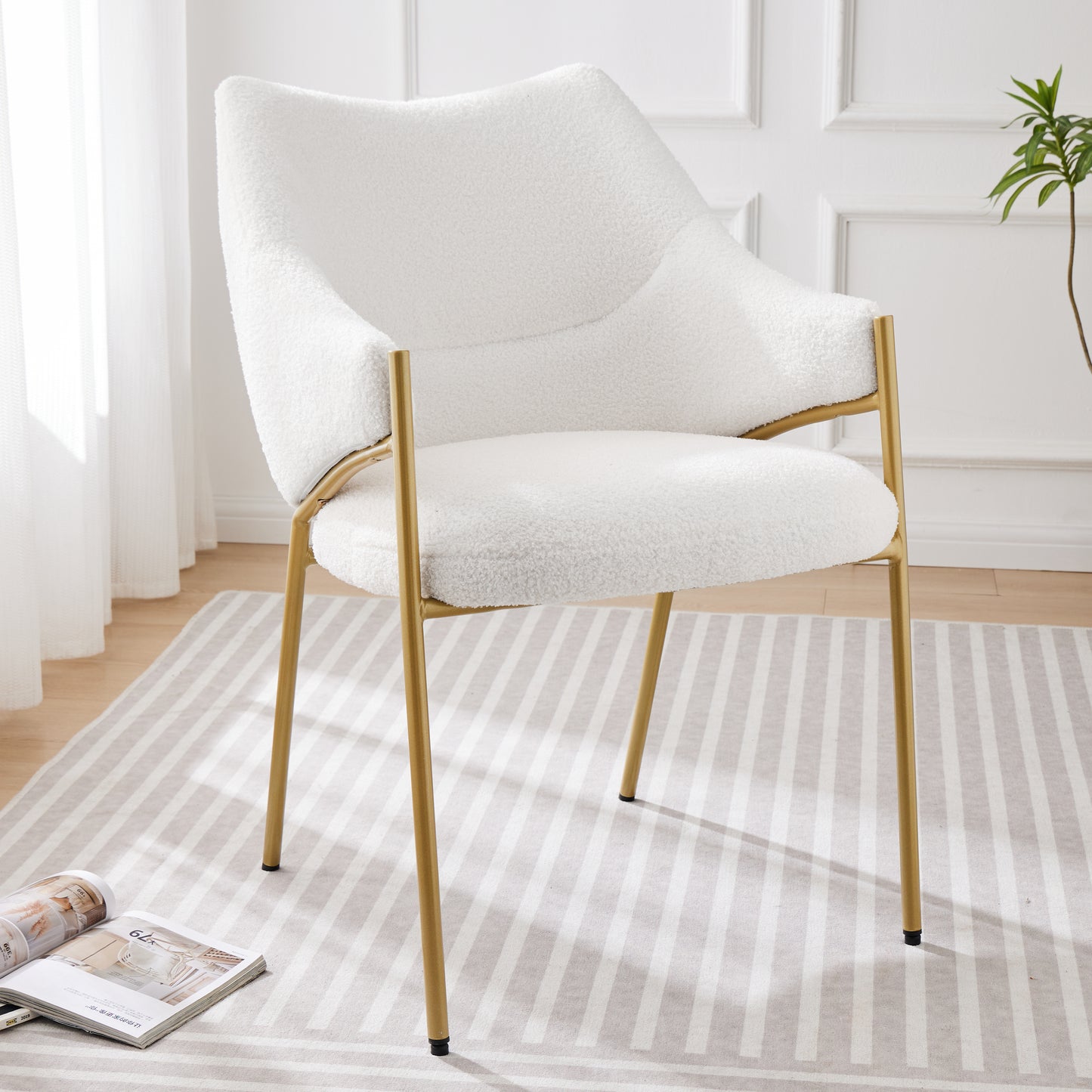 Beige Lamb Plush Dining Chair-Thickened Cushion, Armrest, for Lounge or Sofa Area