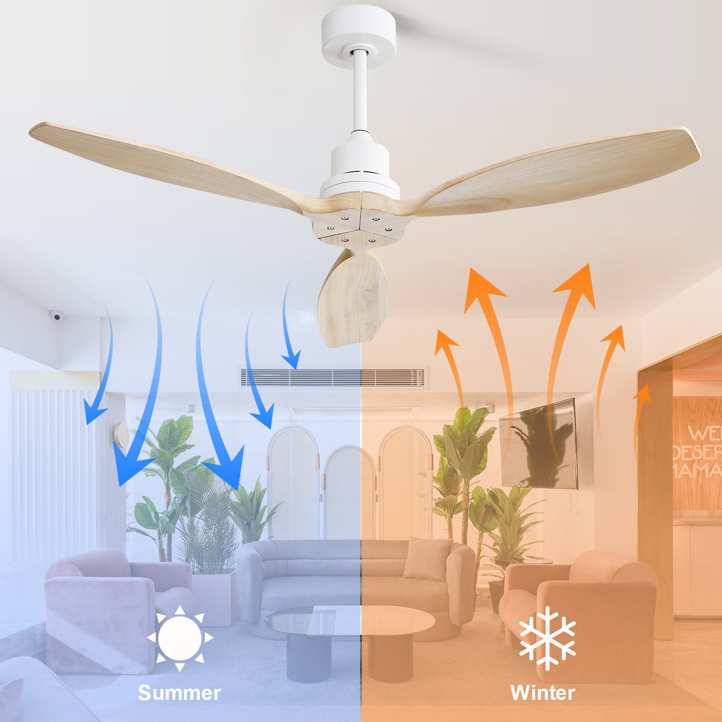 52" Solid Wood Blade Low Profile Ceiling Fan without Light, 6 Speed Remote Control for Patio & Living Room