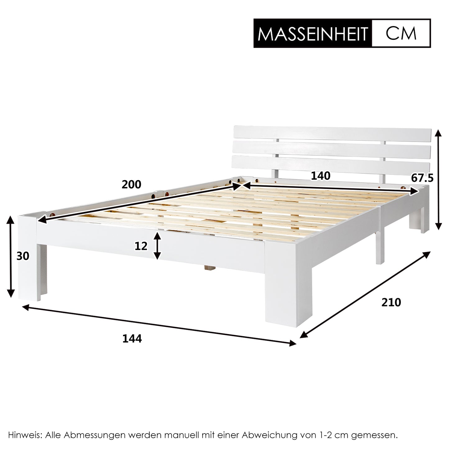 (Z)Solid Wood Double Bed 140x200cm White Pine Bed Frame with Headboard and Slatted Base