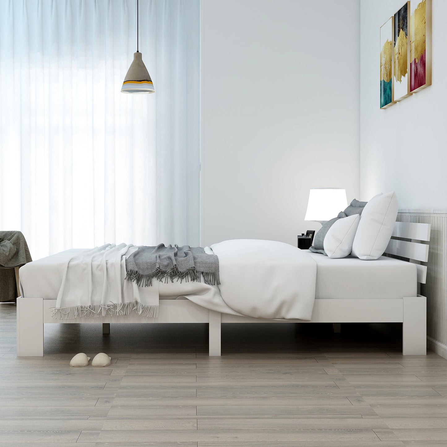 (Z)Solid Wood Double Bed 140x200cm White Pine Bed Frame with Headboard and Slatted Base