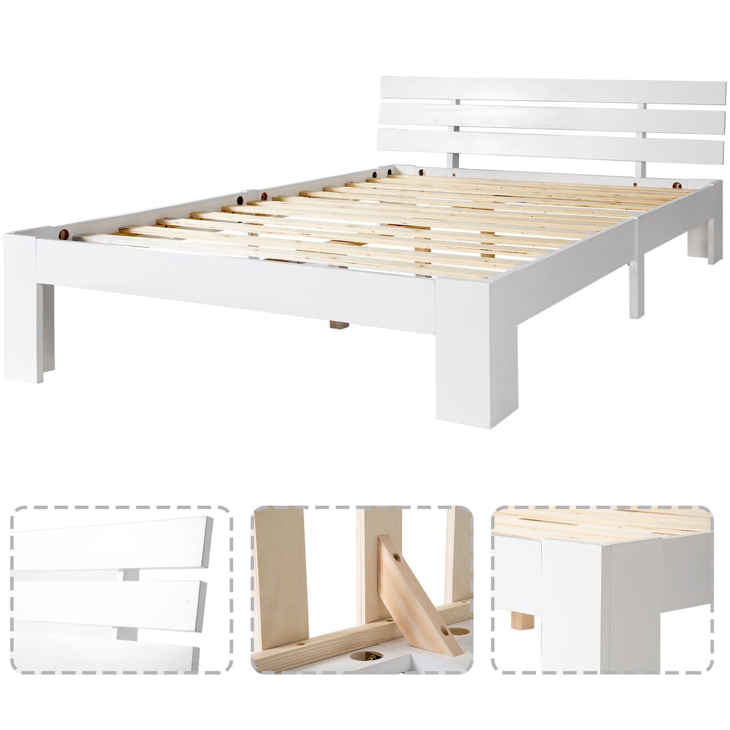 (Z)Solid Wood Double Bed 140x200cm White Pine Bed Frame with Headboard and Slatted Base